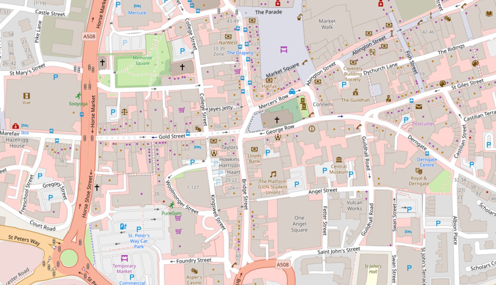 Street map of Northampton town centre with VR Arena 1 marked on George Row
